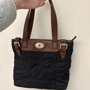 Fossil Key-Per Black and Brown Quilted Tote Bag